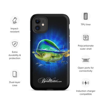 Mahi Mahi Tough iPhone case design featuring BoldWater logo and protective dual-layer case.