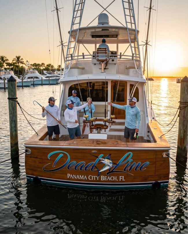 Marina_Afterglow_Dead_Line_Cruise Large A custom boat name, "Dead Line Cruise," displayed prominently on the transom of a fishing