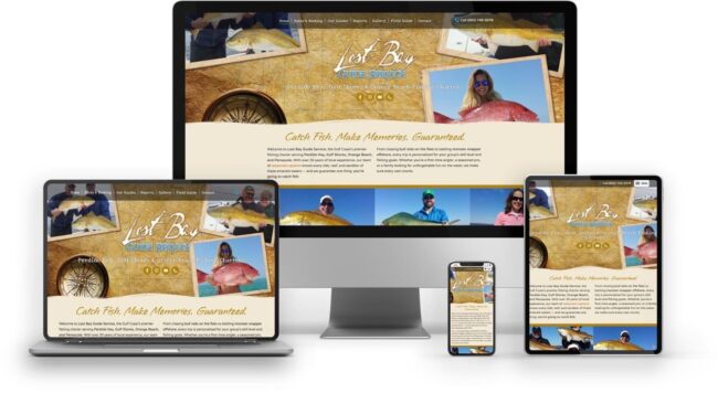 lost bay fishing guide charter website design Large Mockups showcase a responsive fishing charter website design by BoldWater, optimized for mobile usability and