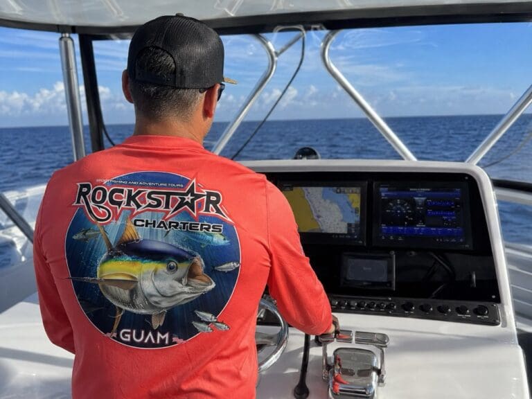 Close-up of a fishing shirt design by BoldWater featuring Rockstar Charters of Guam, showcasing custom